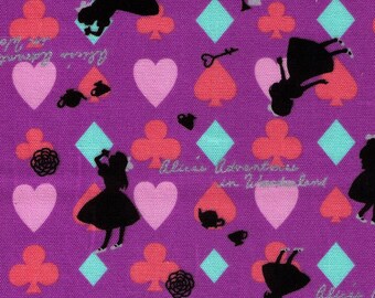 HALF YARD - Alice in Wonderland Purple Black Silhouette - Rabbit, Cat, Hearts, Watch, Diamonds, Teapot, Drink Me, Key, Spades - ST41004C