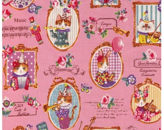 HALF YARD Yuwa - Classical Music Kitties - Cats and Rabbits on PINK 825530-B - Quilting Cotton - Sobakasu-Kids - Grumpy Party Violin Trumpet