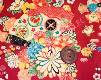 HALF YARD Yuwa -  Fan, Sakura, Chrysanthemum Flowers on Red - Cherry Blossom, Traditional Japanese Flowers, Geometric - Yukata 829317-B