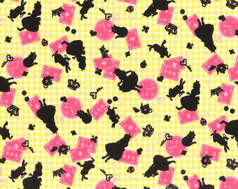 HALF YARD Lecien  Little Heroines Collection - Alice in Wonderland on Yellow Gingham - White Rabbit, Queen of Hearts Bows Macaron 40355-50