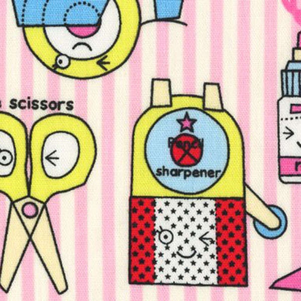 SALE (25) HALF YARD - Kawaii School on Pink White Stripe Background - Pop N Kids Collection - Compass Whiteout Glue Stapler - Lecien