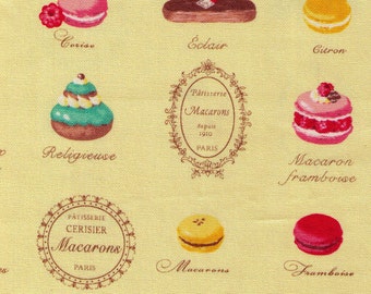 FAT QUARTER - Yuwa - Yellow Paris French Patisserie - Quilting Cotton 816500-I - Éclair, Macarons, Palmier, Tart, Cake Dessert
