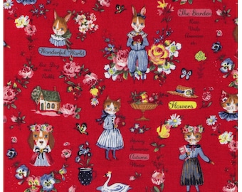 HALF YARD Yuwa - Sobakasu Kids Wonderful World Season on RED - Cat Dog, Rabbit - Cotton Oxford - Swan, English Rose Garden, Paris, Bunny