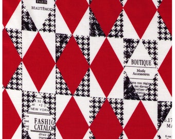 HALF YARD Yuwa - RED Diamond and Houndstooth Cheater - Suzuko Koseki 82678-A - Harlequin, Geometric, Graphic - Japanese Import Fabric
