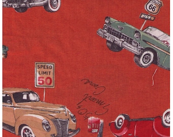 HALF YARD Yuwa - 50s Classic Cars on Orange - 826578 - Suzuko Koseki - Route 66 - Japanese Fabric
