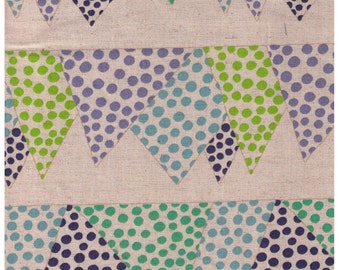 HALF YARD Project by Cotton - Blue, Green, Purple Pennant Polka Dot Flags on Natural Linen - Rows of Banners