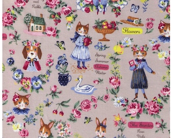 HALF YARD Yuwa - Sobakasu Kids Wonderful World Season on GREY - Cat Dog, Rabbit - Cotton Oxford - Swan, English Rose Garden, Paris, Bunny