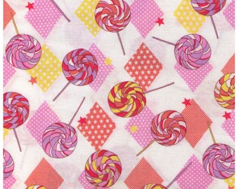 FAT QUARTER Yuwa - Lollipops and Diamonds on WHITE - Polka Dot, Stars, Swirl Candy, Orange, Pink Yellow Lollipop - Japan