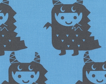 HALF YARD Kiyohara - Little Costume Monsters on Blue - Puti De Pome - PTMF 121 Bl - Cotton Linen Blend - kaiju kigurumi - Import