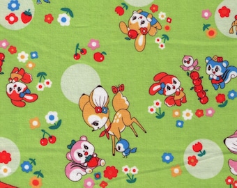 HALF YARD Kei - Marron Nagao - Retro Deer and Woodland Animals with Polka Dots - Lime Green Colorway - Japanese Import - MRN-001C-C