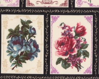 FAT QUARTER Lecien - Rose Life Garden by Kayo Enza - Rose Blocks with Black borders  31517-100 - Floral, Flower, Bouquet - Japanese