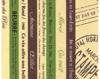 FAT QUARTER Yuwa - French Text in Green and Brown Stripes - Suzuko Koseki Japanese 8C - Merci, Bonjour, Cafe, Baguette, Vin, Ciao, Postage