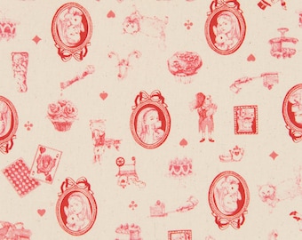 FAT QUARTER - Alice in Wonderland Cameo on NATURAL - Rabbit, Cat, Cake, Tea, Cupcake, Watch, Cards, Castle - Cosmo Textile Japanese