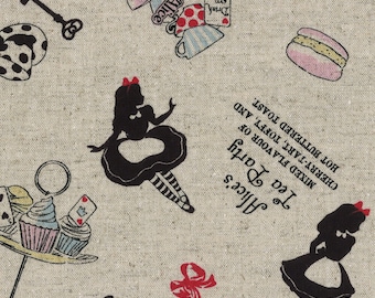 HALF YARD Lecien - Girls Story - Alice's Tea Party on NATURAL 40824-11 - Cotton/Linen Blend - Alice, Rabbit, Cat - Japanese Import