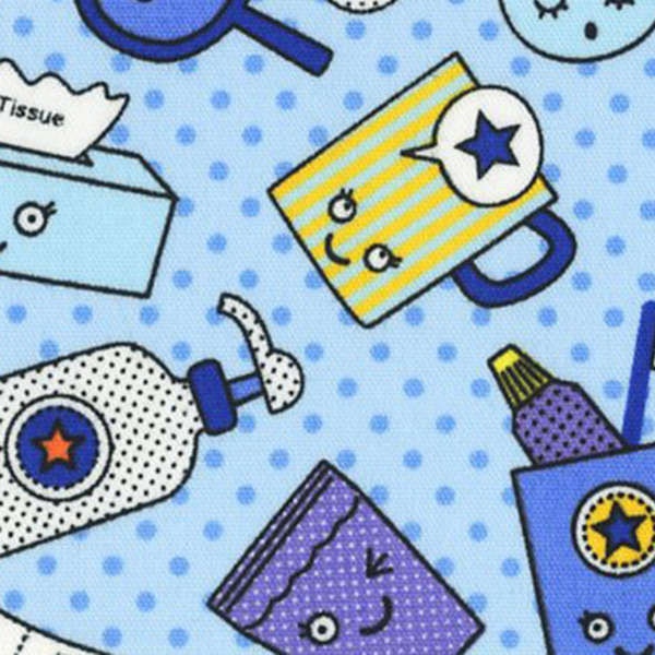 CLEARANCE  1/2 Yard - Bathroom Kawaii on Blue with Blue Polka Dots - Pop N Kids Collection - Toothpaste, Hair Products Soap - Lecien