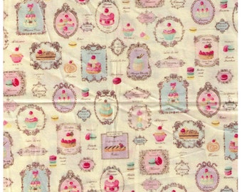 HALF YARD Yuwa Sweet Rondeaux - Paris French Patisserie on Ivory OXFORD 156134-A - Reduced size Print -  Éclair, Macaron Cupcake, Dessert