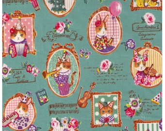 HALF YARD - Yuwa - Classical Music Kitties - Cotton Oxford - Cats and Rabbits on Sage GREEN 155198-C - Sobakasu-Kids - Grumpy, Party, Violin