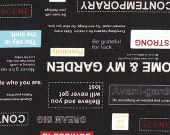 HALF YARD Lecien - Moji Pallette - Positive Quotes on BLACK - 31714-100 - Shirting - Text, Words, Motivation - Japanese Import