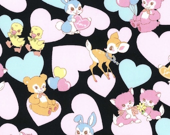 HALF YARD Kokka - Pastel Pop Animals and Hearts BLACK Colorway 76020-1D - Panda Deer Bunny Kitty Cherries Rainbow - Japanese Import