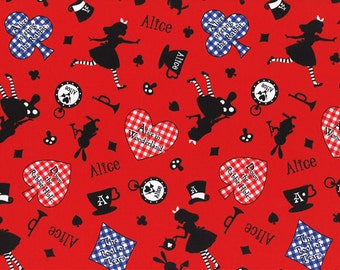 HALF YARD Lecien - Girl's Story 40501-30 - Alice in Wonderland Mix on RED -  White Rabbit, Queen of Hearts Bows
