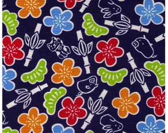 HALF YARD  Bunny, Cherry Blossom, Bamboo, Pig and Lucky Cat on Blue - Cotton Dobby - Traditional Japanese Design - Luau Rabbit Sakura