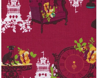 HALF YARD - Kayo Horaguchi - Castle Clock on MAUVE Burgundy - Kiyohara Imported Japanese - Cat, Dog, Chandelier, Castle - HKF37P - Dusty Red