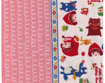HALF YARD Kiyohara- Little Red Riding Hood Border Print on Off White 07OW -  Bad Wolf, Grandmother, Hedgehog, Bunny, Strawberries Fairytale