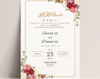 Custom Digital Muslim Wedding Invitation, Shaadi Baraat Nikkah Walima, Wedding Invite, Muslim Wedding, Florals, Red Florals, Digital Invite