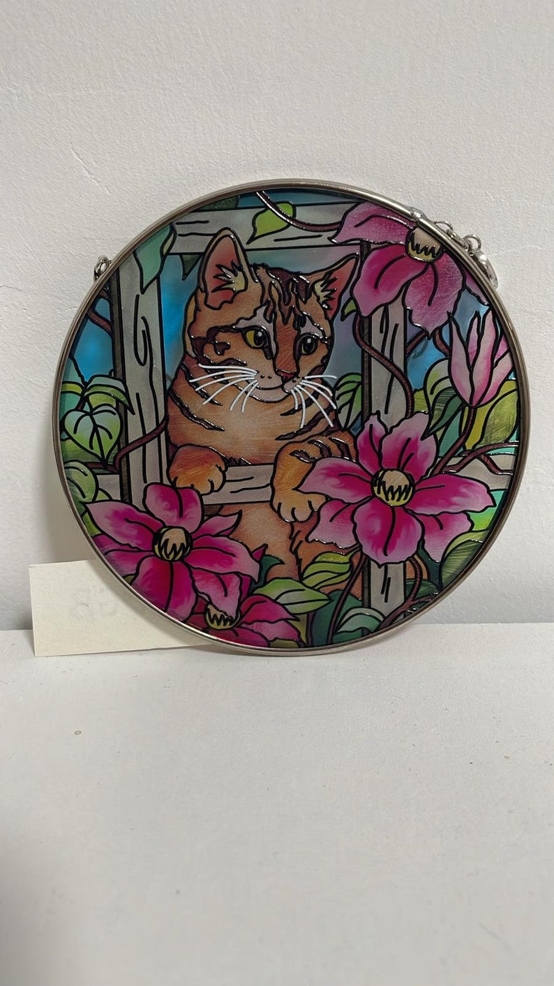 Cat Stained Glass Suncatcher for Window Art Gift Wind Spinner for Cat ...