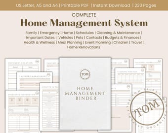 May include: A printable home management binder with a beige cover and the text "Home Management Binder" in brown. The binder includes sections for family, emergency, home, schedules, cleaning, maintenance, important dates, vehicles, pets, contacts, budgets, finances, health, wellness, meal planning, event planning, children, travel, and home renovations.