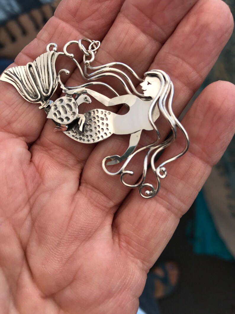 gifts for divers gifts for her Handcrafted sterling silver mermaid and sea turtle necklace gifts for turtle lovers sea turtle jewelry.