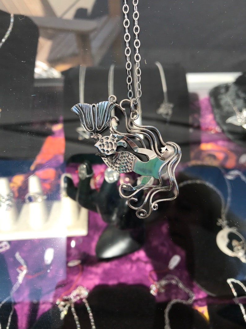 gifts for divers gifts for her Handcrafted sterling silver mermaid and sea turtle necklace gifts for turtle lovers sea turtle jewelry.