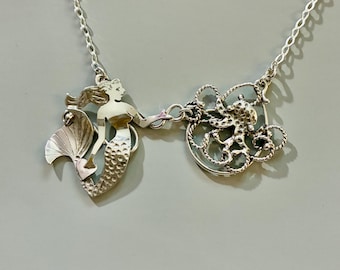 Sterling silver mermaid and octopus necklace, octopus and mermaid, handmade silver octopus, Joy Hannan mermaids, octopus necklace