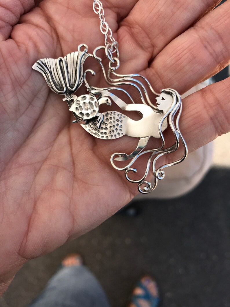 gifts for divers gifts for her Handcrafted sterling silver mermaid and sea turtle necklace gifts for turtle lovers sea turtle jewelry.