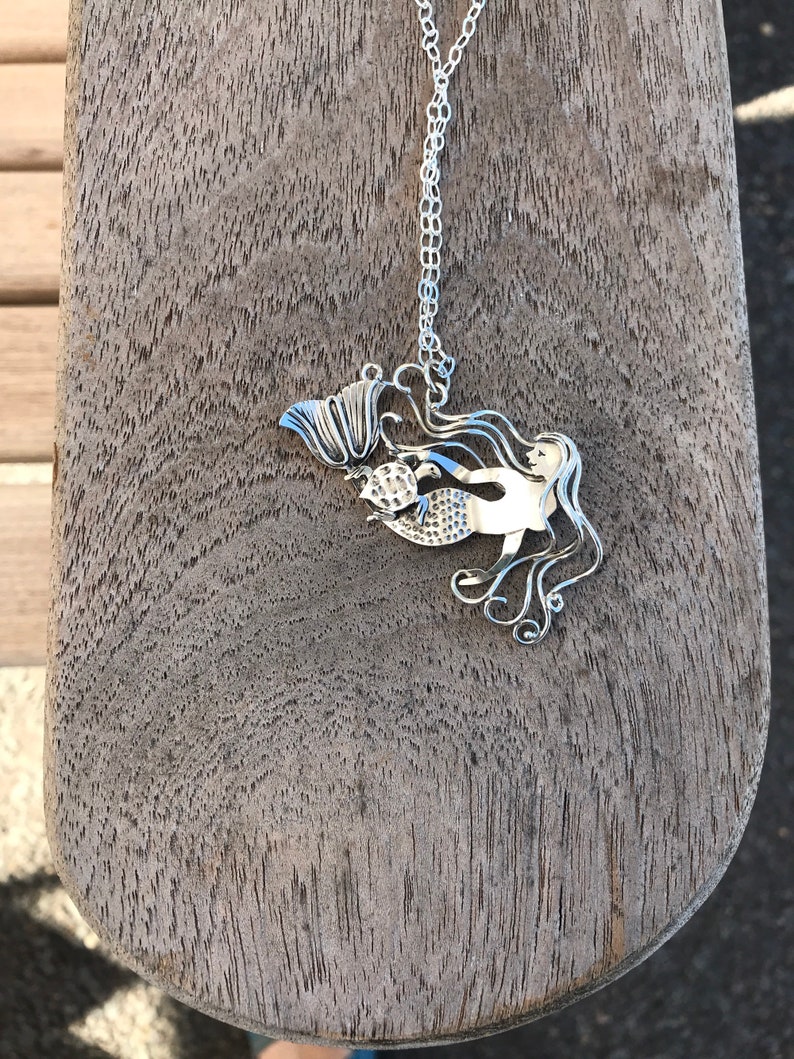 gifts for divers gifts for her Handcrafted sterling silver mermaid and sea turtle necklace gifts for turtle lovers sea turtle jewelry.