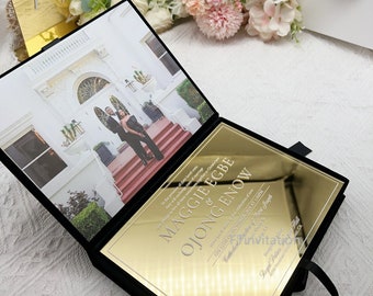 Schwarzer Samt mit Goldspiegel-Luxus-Box-Einladung mit Acryl-Karte