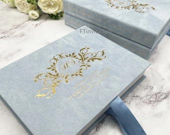 Baby Blau Samt Luxus Box Einladung mit Acryl Karte