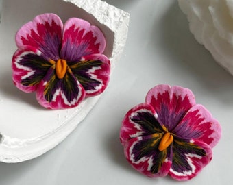 Pink Violet Flower Earrings, Handmade Polymer Clay Floral Jewelry