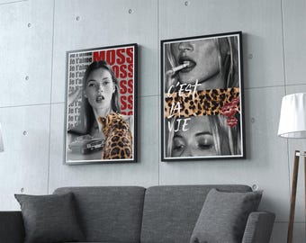 May include: Two black and white framed posters with a collage of images. The left poster features a woman with a leopard print scarf and the text "MOSS" in red. The right poster features a woman with a leopard print scarf and the text "C'EST LA VJE" in white.