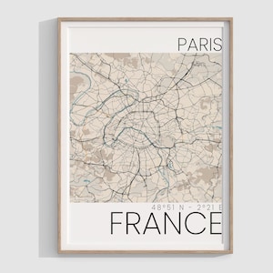 Affiche numérique de carte de la ville de Paris, art de la carte de Paris minimaliste, décoration murale de bureau et maison, affiche de carte, cadeau pour la maison, art minimaliste, téléchargement immédiat