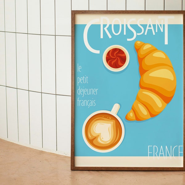 Affiche numérique du petit-déjeuner français - Décor de cuisine avec café et croissant, Cadeau pour les amateurs de café