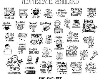 Pode incluir: Uma coleção de gráficos escolares em preto e branco. Inclui ilustrações de um ônibus escolar, crianças, materiais escolares e texto como "Hello School" e "First Grader". Adequado para projetos de artesanato.