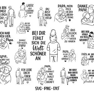 Op de afbeelding: Een verzameling zwart-wit illustraties met vaders en kinderen. De afbeeldingen tonen verschillende scènes van genegenheid, met Duitse tekst zoals "Papa, mein Fels in der Brandung" en "Du bist mein Held".