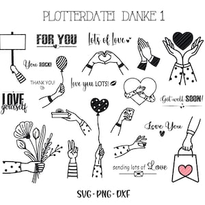 May include: Black and white line art illustrations of hands holding various objects, including a heart-shaped balloon, flowers, and a gift box. Text includes "FOR YOU", "Lots of Love", and "Love Yourself".