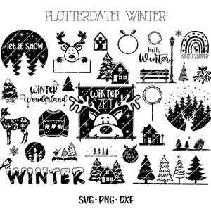 Pode incluir: Arquivos de corte SVG temáticos de inverno em preto e branco. O design inclui texto como "Let it snow", "Winter Wonderland", "Winter Zeit" e "Hello Winter".