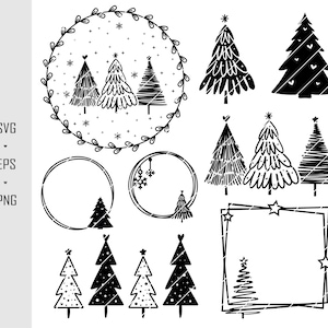 May include: A set of 10 black and white Christmas tree illustrations. The illustrations include a wreath with three trees, a square frame, a circle frame, and six individual trees. The trees are in various styles, including simple, detailed, and whimsical.