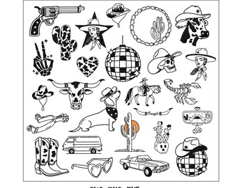 Cowgirl SVG Bundle, Cowgirl Hat SVG, Cowgirl Boots Svg, Horseshoe Svg, Wild Party, Disco Ball Svg, Let's Go Girls, Western Svg