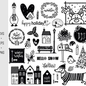 May include: Black and white illustrations of winter-themed elements, including a goose, a heart, a wreath, a reindeer, a house, a bench, a mailbox, a snowman, a dog, a pine tree, and a variety of text phrases like "happy holiday", "I love winter", "winter wishes", "hello snow", "hello winter", and "winter is coming".