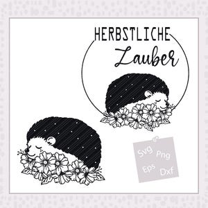 May include: Black and white illustration of two hedgehogs surrounded by flowers. The text "HERBSTLICHE Zauber" is above one hedgehog. The image also includes file type icons for SVG, PNG, EPS, and DXF.