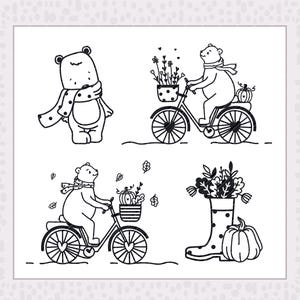 May include: Black and white line art featuring bears with autumn themes. One bear stands wearing a scarf, while two others ride bicycles with pumpkins and flowers. A fourth image shows a boot filled with flowers and a pumpkin.